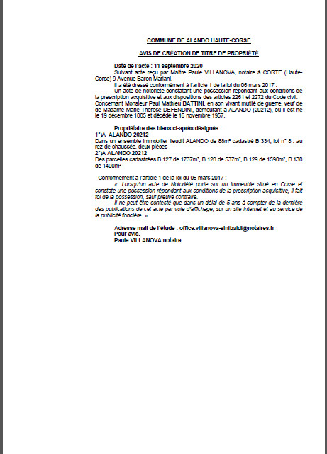 Avis de création de titre de propriété-Commune d'Alando (Haute-Corse) Avis de création de titre de propriété-Commune d'Alando (Haute-Corse)