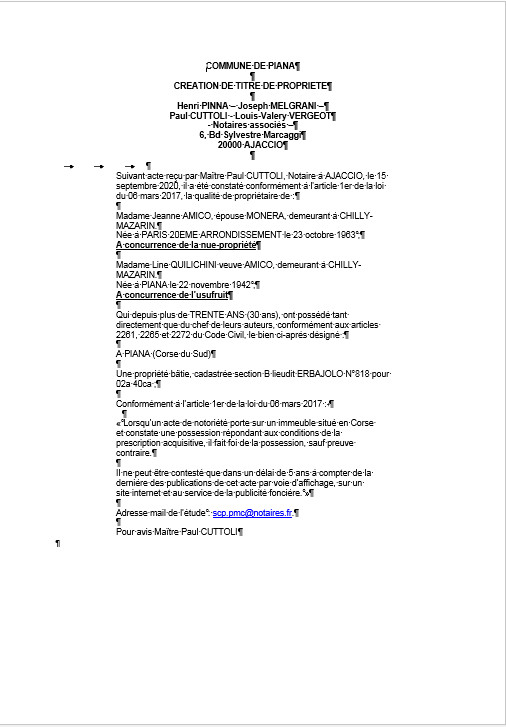 Avis de création de titre de propriété-Commune de Piana (Corse-du-Sud) Avis de création de titre de propriété-Commune de Piana (Corse-du-Sud)