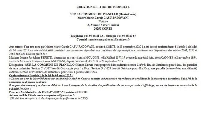 Avis de création de titre de propriété - commune de Pianello (Haute Corse)
