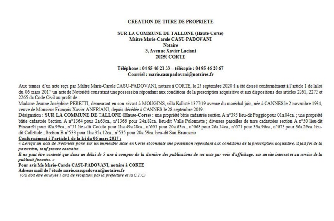 Avis de création de titre de propriété - commune de Tallone (Haute Corse) Avis de création de titre de propriété - commune de Tallone (Haute Corse)