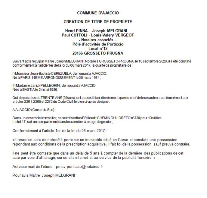 Avis de création de titre de propriété - commune d'Ajaccio (Corse-du-sud)