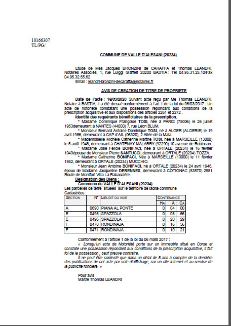 Avis de création de titre de propriété-Commune de Valle d'Alesani (Haute-Corse) Avis de création de titre de propriété-Commune de Valle d'Alesani (Haute-Corse)