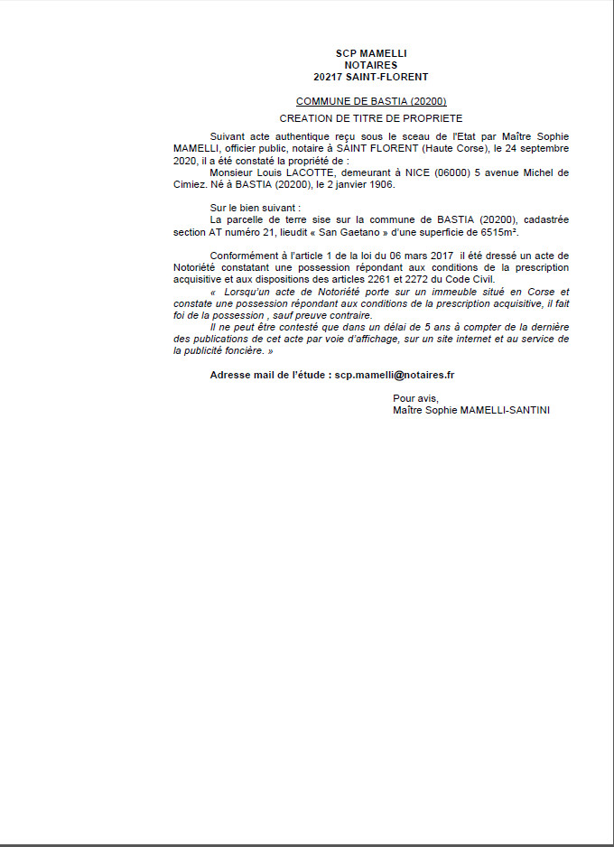 Avis de création de titre de propriété-Commune de Bastia (Haute-Corse) Avis de création de titre de propriété-Commune de Bastia (Haute-Corse)