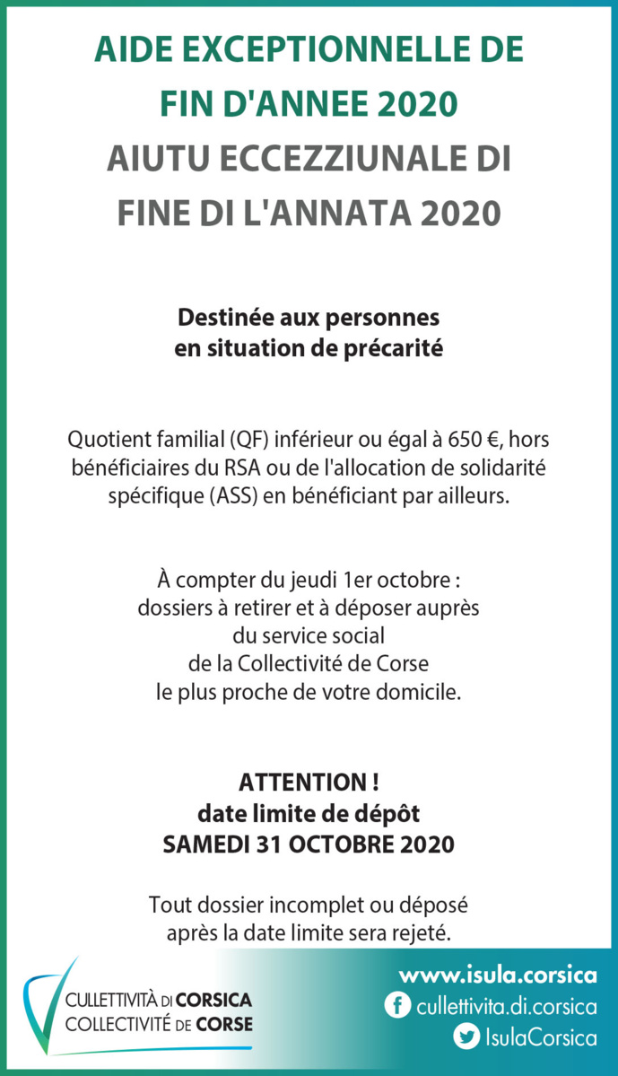 Aiutu eccezziunale di fine di l'annata 2020 destinée aux personnes en situation de précarité Aiutu eccezziunale di fine di l'annata 2020 destinée aux personnes en situation de précarité