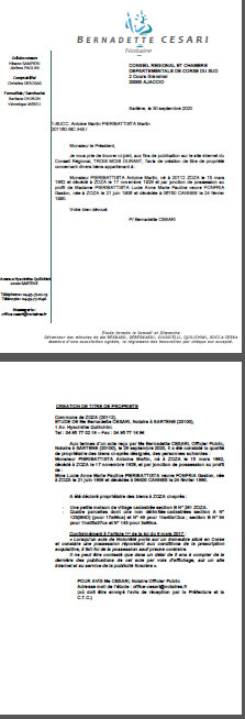 Avis de création de titre de propriété-Commune de Zoza (Corse-du-Sud)