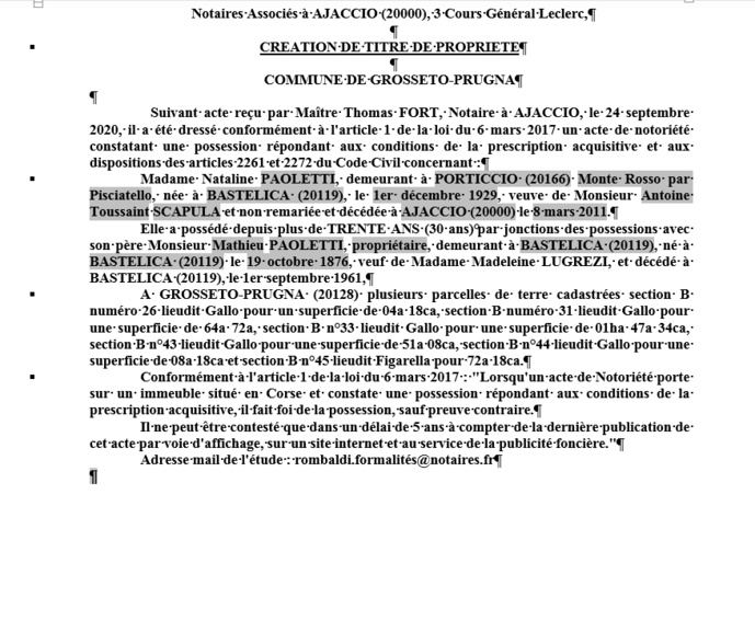 Avis de création de titre de propriété-Commune de Grosseto-Prugna (Corse-du-Sud) Avis de création de titre de propriété-Commune de Grosseto-Prugna (Corse-du-Sud)