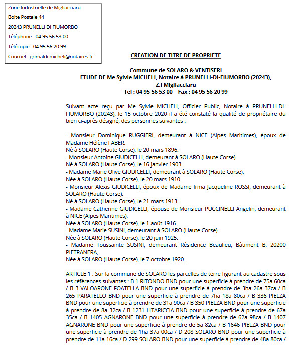 Avis de création de titre de propriété - commune de Solaro (Haute Corse) Avis de création de titre de propriété - commune de Solaro (Haute Corse)