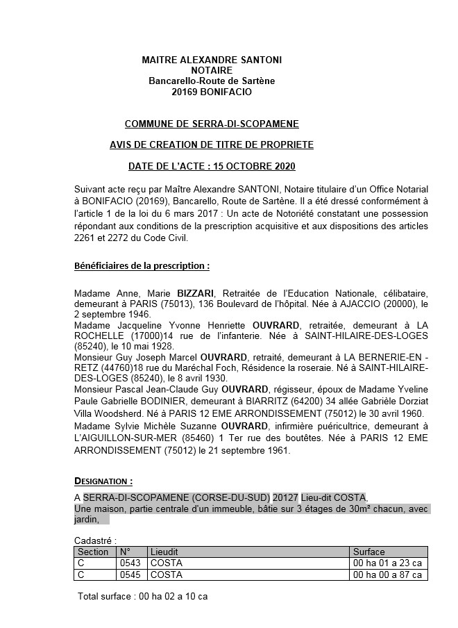 Avis de création de titre de propriété - commune de Serra-di-Scopamene (Corse du sud) Avis de création de titre de propriété - commune de Serra-di-Scopamene (Corse du sud)