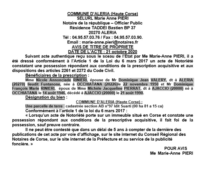 Avis de création de titre de propriété - commune d'Aléria (Haute Corse)