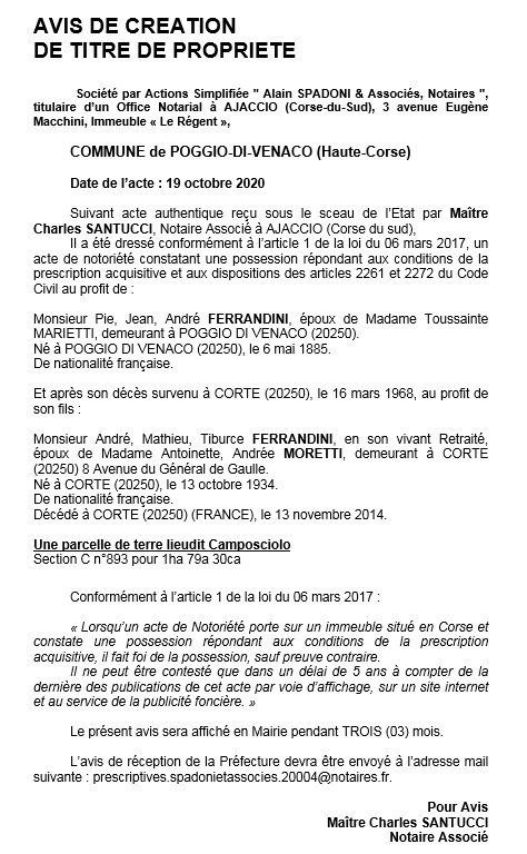 Avis de création de titre de propriété - commune de Poggio-di-Venaco (Haute Corse)