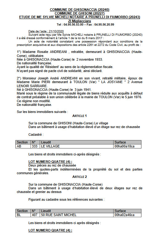 Avis de création de titre de propriété - commune de Ghisoni (Haute Corse)
