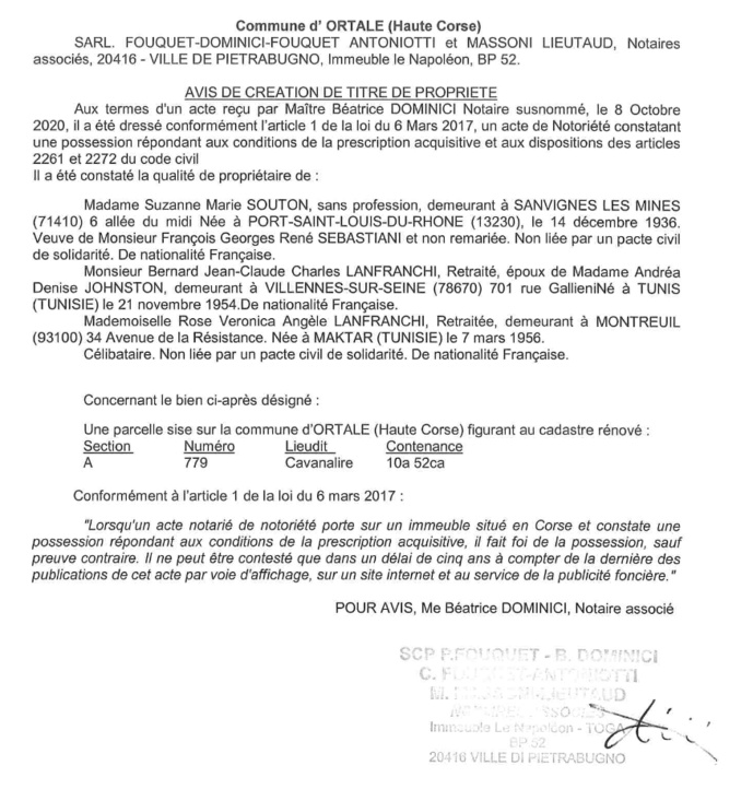 Avis de création de titre de propriété - commune d'Ortale (Haute Corse)