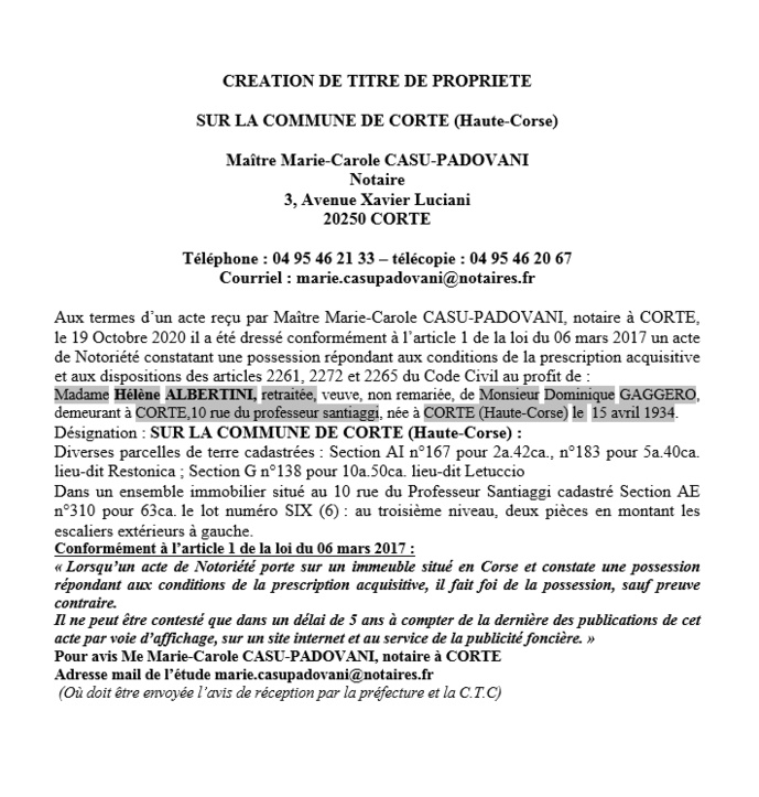 Avis de création de titre de propriété - commune de Corte (Haute Corse)