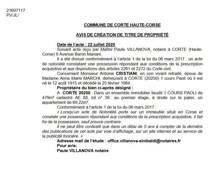 Avis de création de titre de propriété - commune de Corte (Haute Corse) Avis de création de titre de propriété - commune de Corte (Haute Corse)