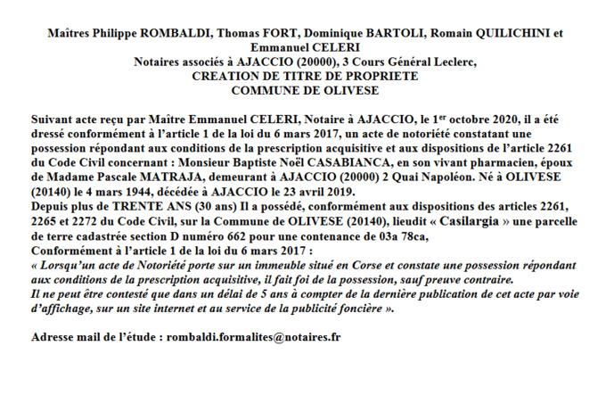 Avis de création de titre de propriété - commune d'Olivese (Corse du Sud)