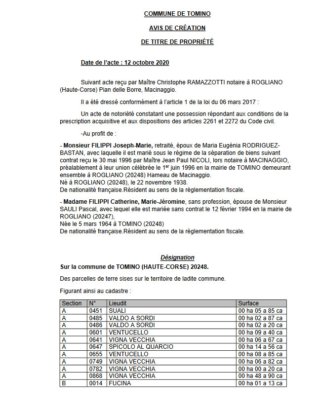 Avis de création de titre de propriété - commune de Tomino (Haute Corse)