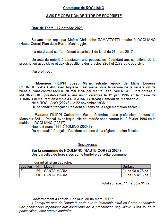 Avis de création de titre de propriété - commune de Rogliano (Haute Corse)