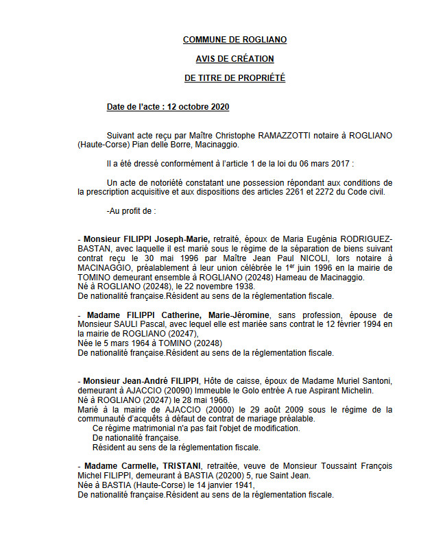 Avis de création de titre de propriété - commune de Rogliano (Haute Corse) Avis de création de titre de propriété - commune de Rogliano (Haute Corse)