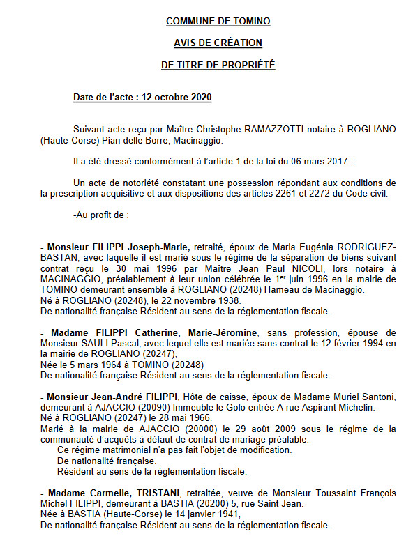 Avis de création de titre de propriété - commune de Tomino (Haute Corse)