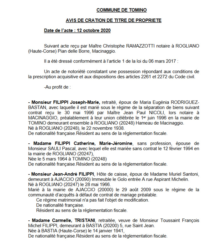 Avis de création de titre de propriété - commune de Tomino (Haute Corse)