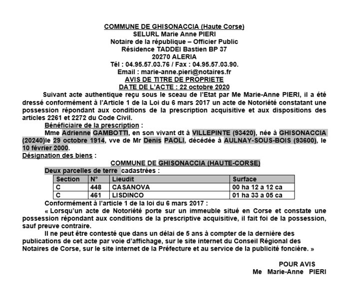 Avis de création de titre de propriété - commune de Ghisonaccia (Haute Corse)