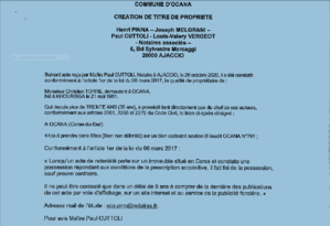 Avis de création de titre de propriété-Commune d'Ocana-Corse du Sud