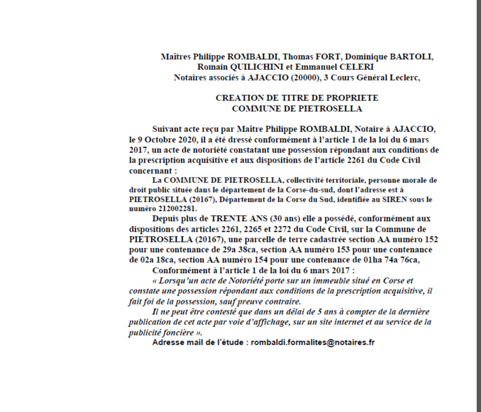 Avis de création de titre de propriété-Commune de Pietrosella- (Corse du Sud) Avis de création de titre de propriété-Commune de Pietrosella- (Corse du Sud)