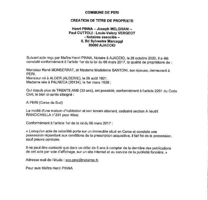 Avis de création de titre de propriété-Commune de Peri- (Corse du Sud)