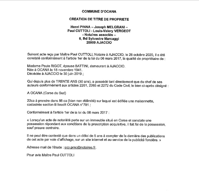 Avis de création de titre de propriété-Commune d'Ocana- (Corse du Sud) Avis de création de titre de propriété-Commune d'Ocana- (Corse du Sud)
