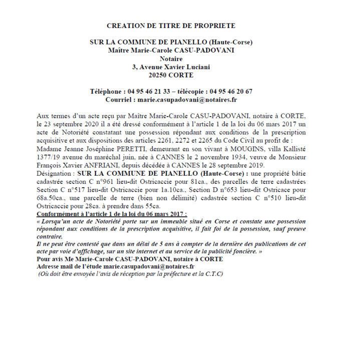 Avis de création de titre de propriété-Commune de Pianello- (Haute-Corse) Avis de création de titre de propriété-Commune de Pianello- (Haute-Corse)