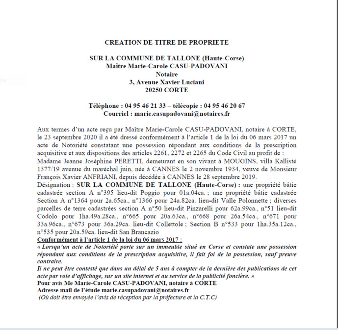 Avis de création de titre de propriété-Commune de Tallone- (Haute-Corse)