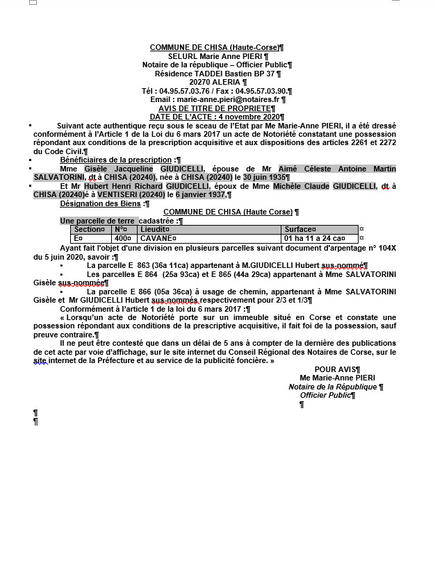 Avis de création de titre de propriété-Commune de Chisa- (Haute-Corse) Avis de création de titre de propriété-Commune de Chisa- (Haute-Corse)