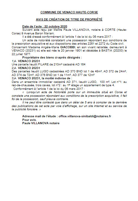 Avis de création de titre de propriété-Commune de Venaco- (Haute-Corse) Avis de création de titre de propriété-Commune de Venaco- (Haute-Corse)