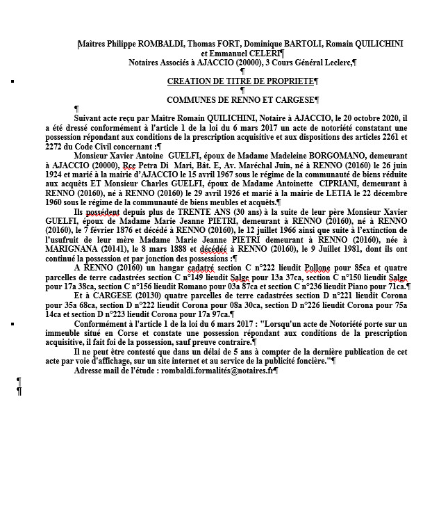 Avis de création de titre de propriété-Communes de Renno et Cargese-(Corse du Sud)