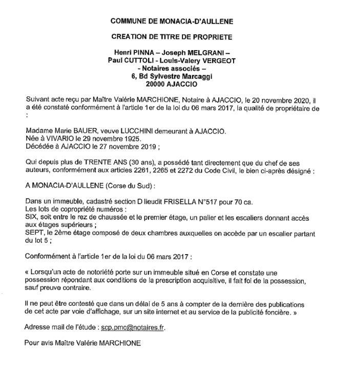 Avis de création de titre de propriété - commune de Monacia d'Aullène