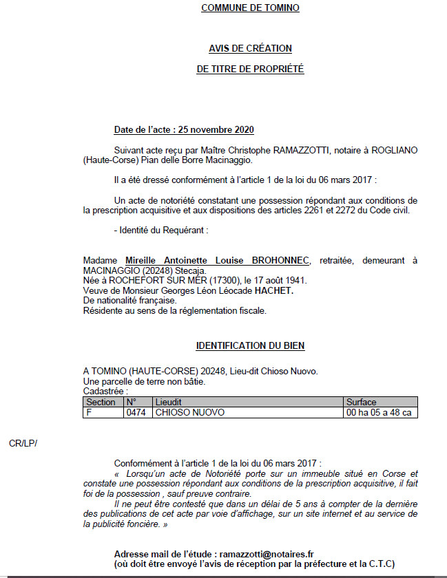 Avis de création de titre de propriété - commune de Tomino (Haute-Corse)