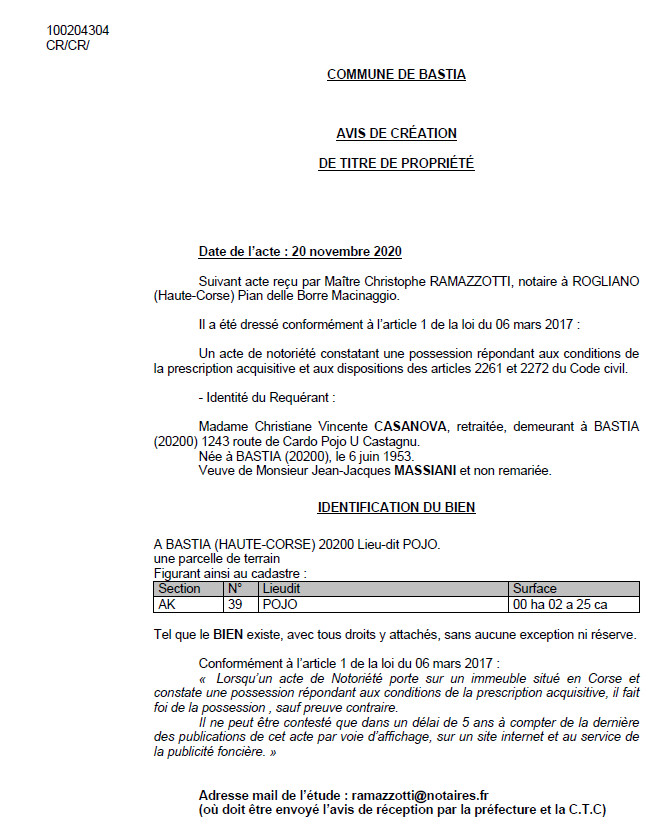 Avis de création de titre de propriété - commune de Bastia (Haute-Corse) Avis de création de titre de propriété - commune de Bastia (Haute-Corse)