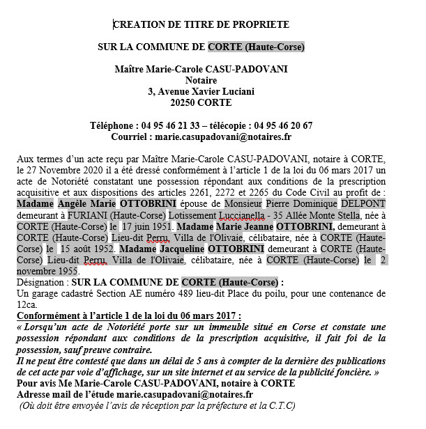 Avis de création de titre de propriété - commune de Corte (Haute-Corse) Avis de création de titre de propriété - commune de Corte (Haute-Corse)