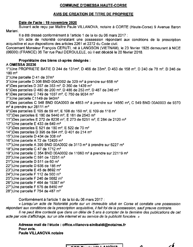 Avis de création de titre de propriété - commune d''Omessa (Haute-Corse) Avis de création de titre de propriété - commune d''Omessa (Haute-Corse)