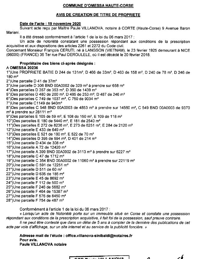 Avis de création de titre de propriété - commune d''Omessa (Haute-Corse)