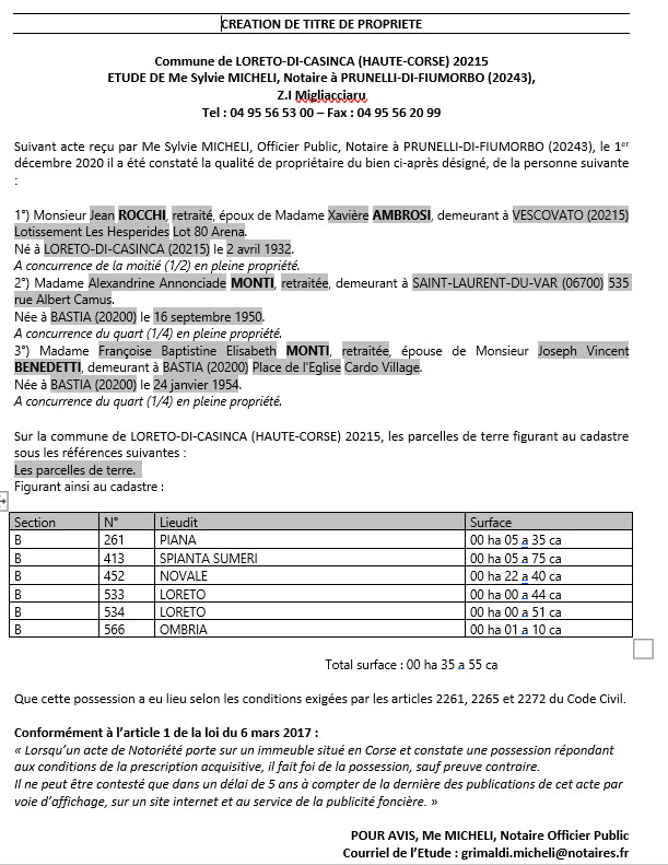 Avis de création de titre de propriété - commune de Loreto-di-Casinca (Haute Corse)