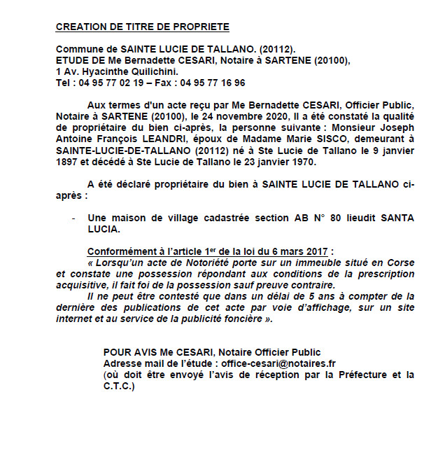 Avis de création de titre de propriété - commune de Sainte-Lucie-de-Tallano (Corse-du-Sud)