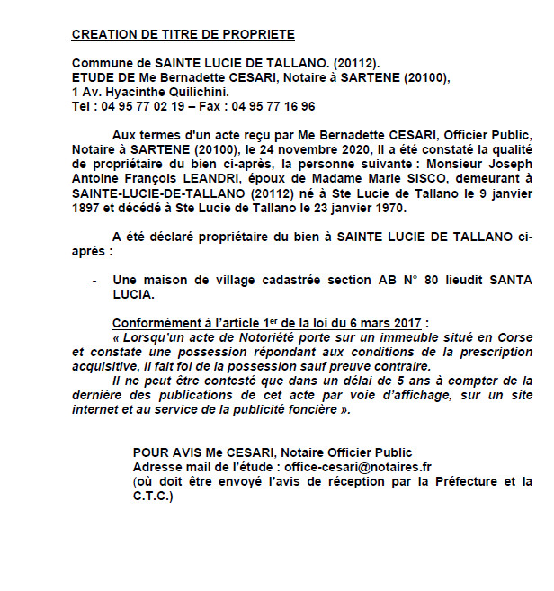 Avis de création de titre de propriété - commune de Sainte-Lucie-de-Tallano (Corse-du-Sud) Avis de création de titre de propriété - commune de Sainte-Lucie-de-Tallano (Corse-du-Sud)