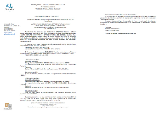 Avis de création de titre de propriété-Commune de Bastia (Haute-Corse) Avis de création de titre de propriété-Commune de Bastia (Haute-Corse)
