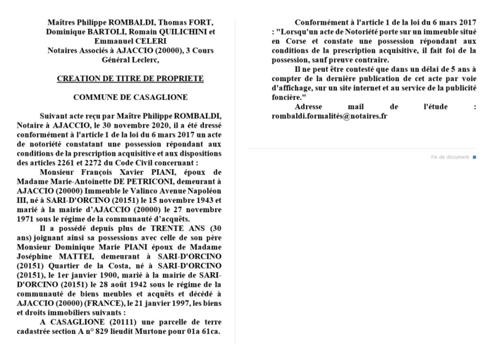 Avis de création de titre de propriété-Commune de Casaglione (Corse-du-Sud)) Avis de création de titre de propriété-Commune de Casaglione (Corse-du-Sud))