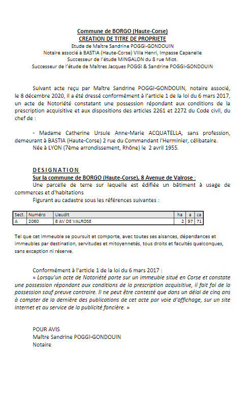 Avis de création de titre de propriété-Commune de Borgo (Haute-Corse) Avis de création de titre de propriété-Commune de Borgo (Haute-Corse)