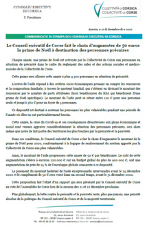 ​Le Conseil exécutif de Corse fait le choix d’augmenter de 50 euros la prime de Noël à destination des personnes précaires