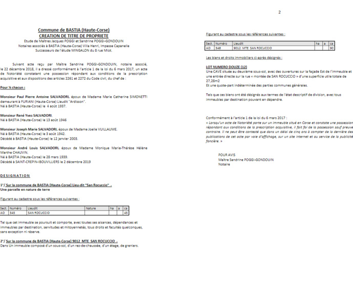 Avis de création de titre de propriété-Commune de Bastia (Haute-Corse) Avis de création de titre de propriété-Commune de Bastia (Haute-Corse)