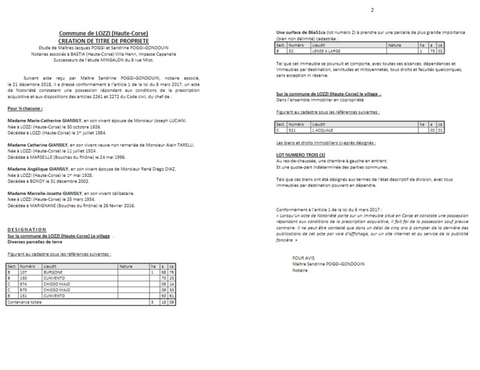 Avis de création de titre de propriété-Commune de Lozzi (Haute-Corse) Avis de création de titre de propriété-Commune de Lozzi (Haute-Corse)