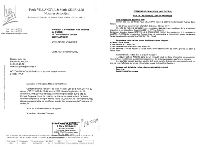Avis de création de titre de propriété-Commune de Calacuccia(Haute-Corse)